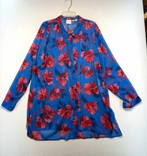 Junarose Blue Pink Floral Sheer Chiffon Button-Up Tunic Blouse 22 feminine